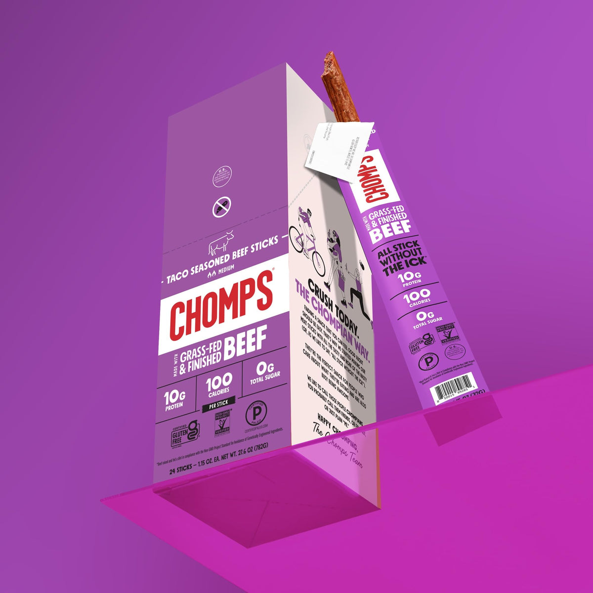 Chomps Taco Beef Jerky Sticks – Grass-Fed & Finished, 10-Pack | Keto, Paleo, Whole30, Gluten-Free, Non-GMO