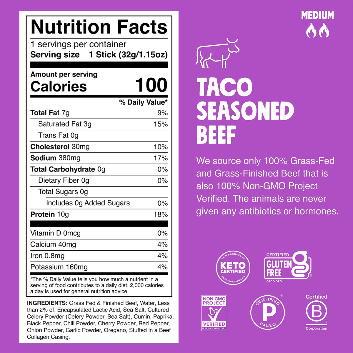 Chomps Taco Beef Jerky Sticks – Grass-Fed & Finished, 10-Pack | Keto, Paleo, Whole30, Gluten-Free, Non-GMO