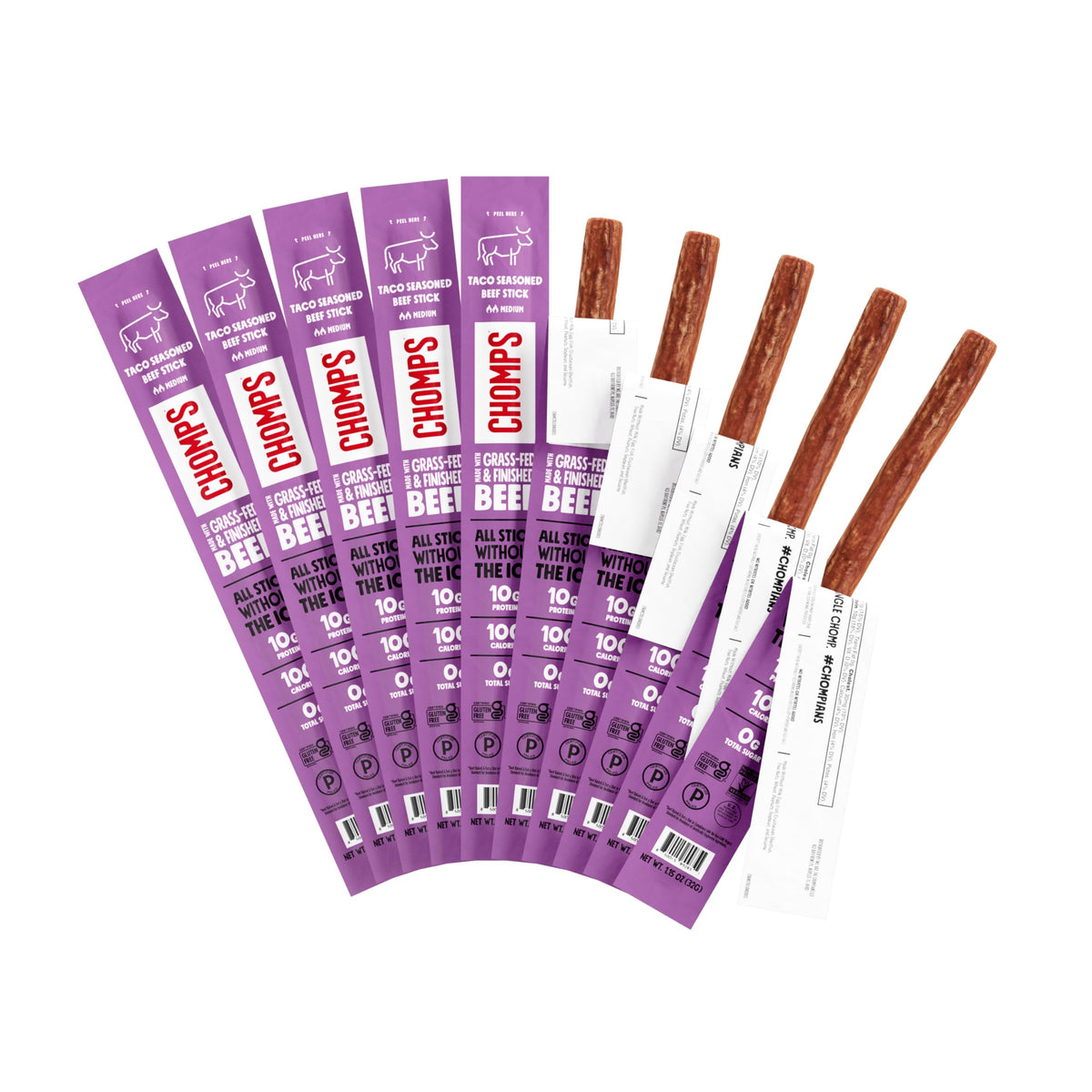 Chomps Taco Beef Jerky Sticks – Grass-Fed & Finished, 10-Pack | Keto, Paleo, Whole30, Gluten-Free, Non-GMO
