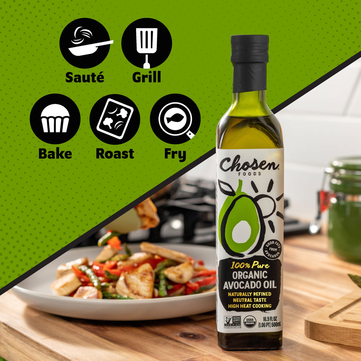 Chosen Foods Organic Avocado Oil, 33.8 Fl Oz – All-Purpose Cooking Oil from 100% Pure Avocados, Non-GMO, Gluten-Free, Keto Friendly, Glyphosate Free