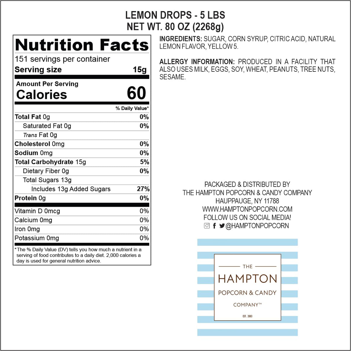 Claeys Sanded Lemon Drops 5 lb Bulk – Hard Sour Lemon Candy | Hampton Popcorn