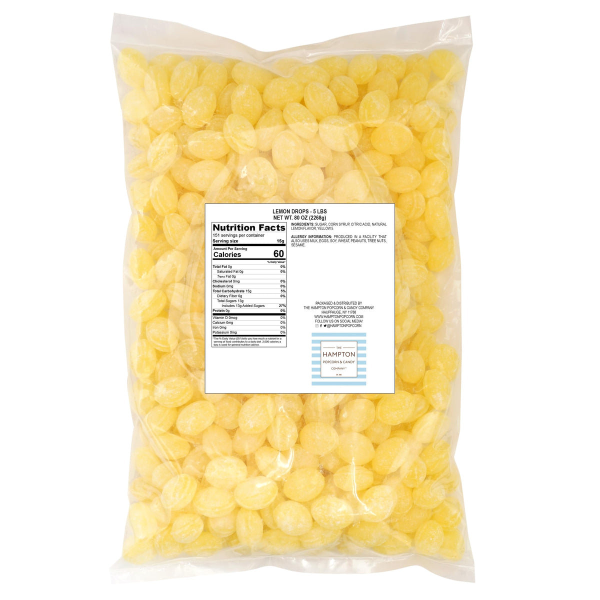 Claeys Sanded Lemon Drops 5 lb Bulk – Hard Sour Lemon Candy | Hampton Popcorn