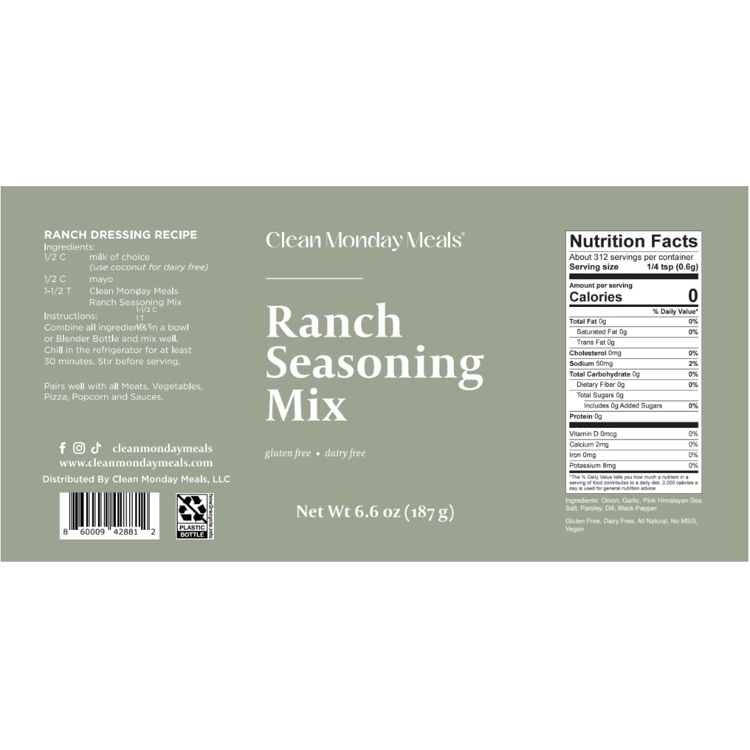 Clean Monday Meals Ranch Seasoning Mix – Gluten Free & Dairy Free, No Artificial Additives (2-Pack, 11 oz)