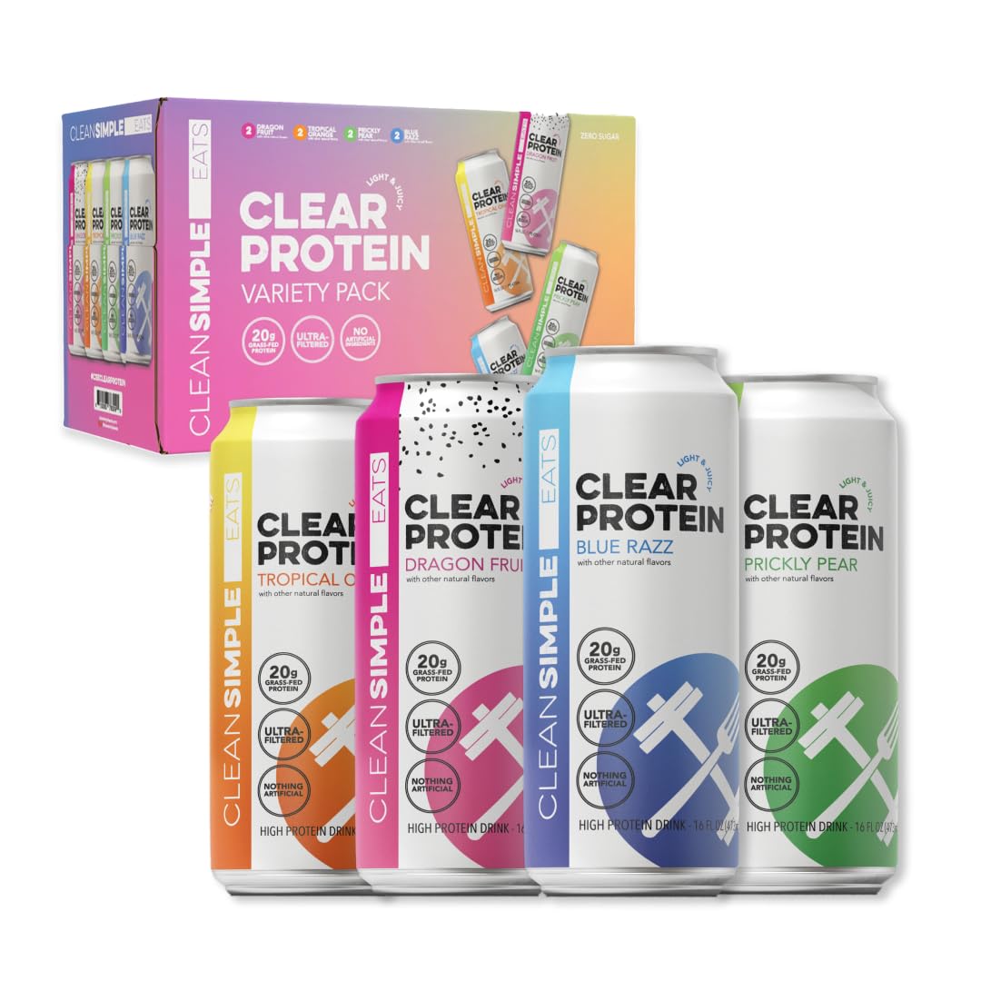 Clean Simple Eats Clear Protein Water – 20g Grass-Fed Whey, 4-Flavor Variety Pack, 16 oz Cans