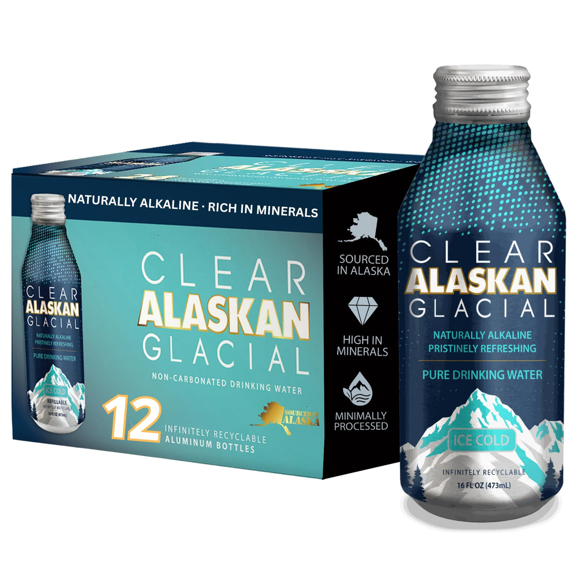 Clear Alaskan Fresh Glacier Water – Naturally Alkaline, Aluminum Bottles, 16 oz | Pack of 12