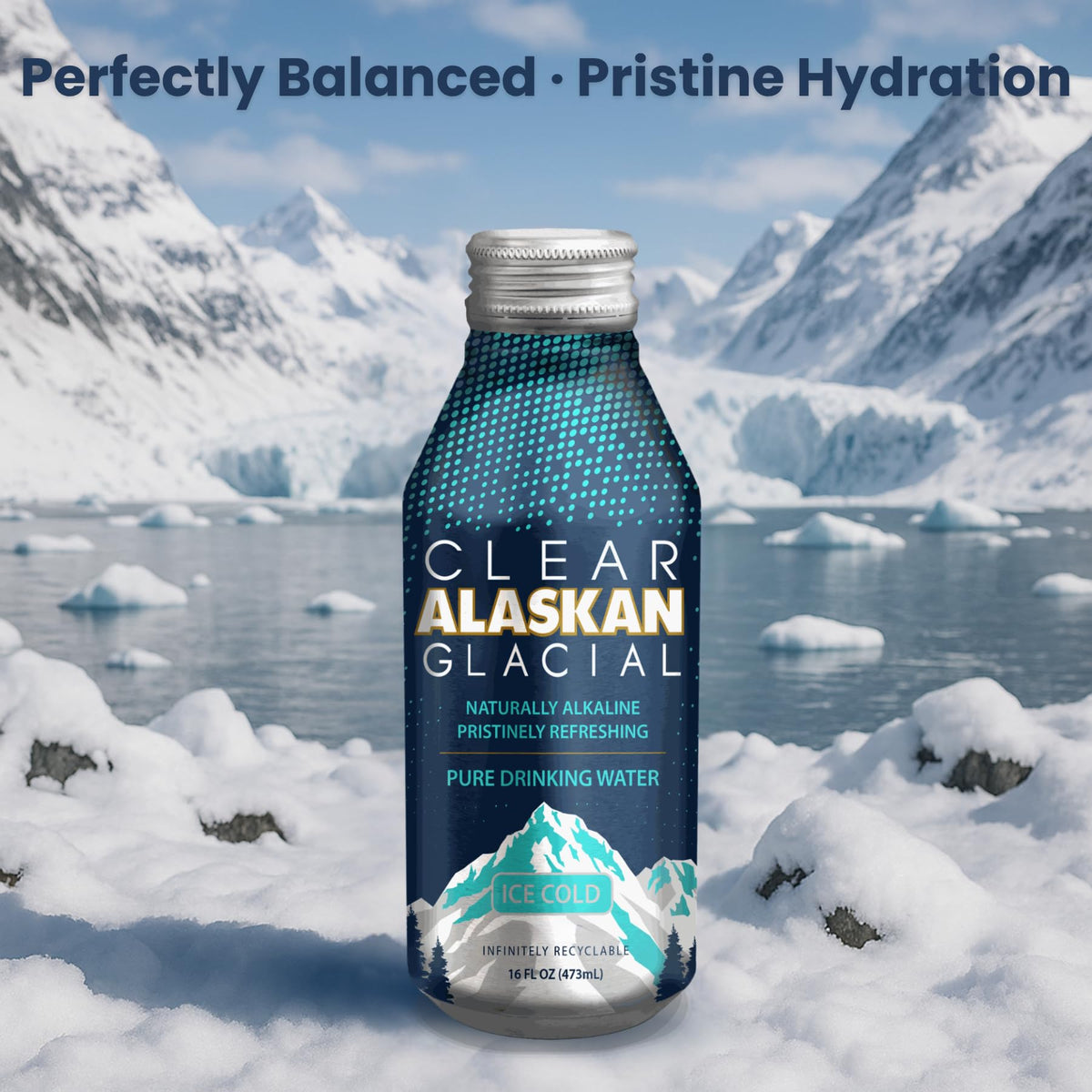 Clear Alaskan Fresh Glacier Water – Naturally Alkaline, Aluminum Bottles, 16 oz | Pack of 12