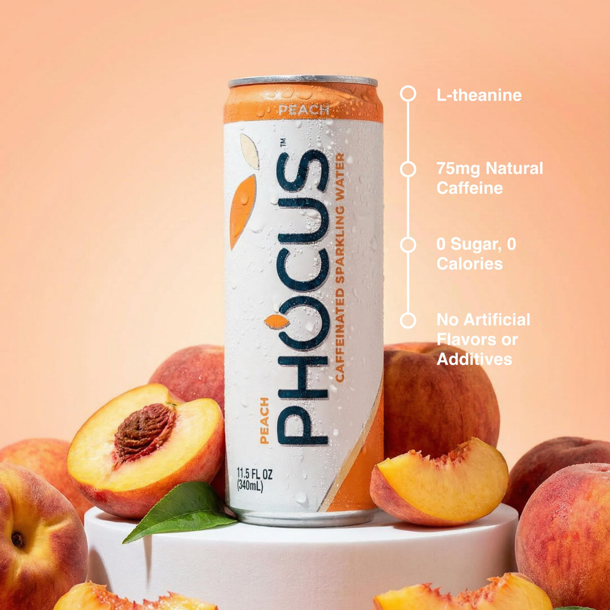 CLEAR CUT PHOCUS Peach Sparkling Water — 75mg Caffeine + L-Theanine, Zero Sugar, 12-Pack