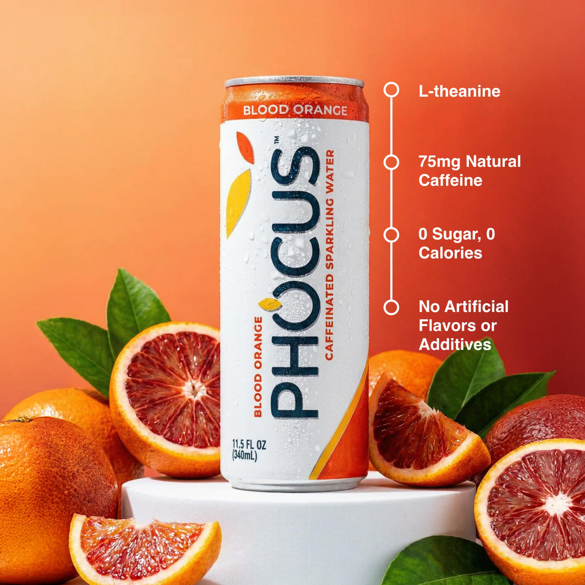 CLEAR CUT PHOCUS Blood Orange Sparkling Water – 75mg Caffeine + L-Theanine, Zero Sugar, 11.5 oz Cans (Pack of 12)