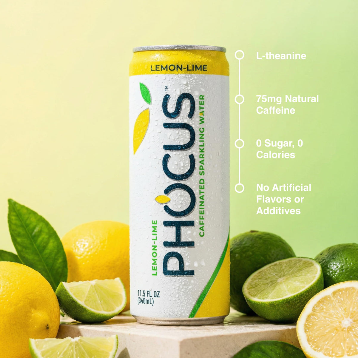 Phocus Caffeinated Sparkling Water – Lemon Lime (75mg Caffeine + L-Theanine) | 12-Pack | CLEAR CUT PHOCUS