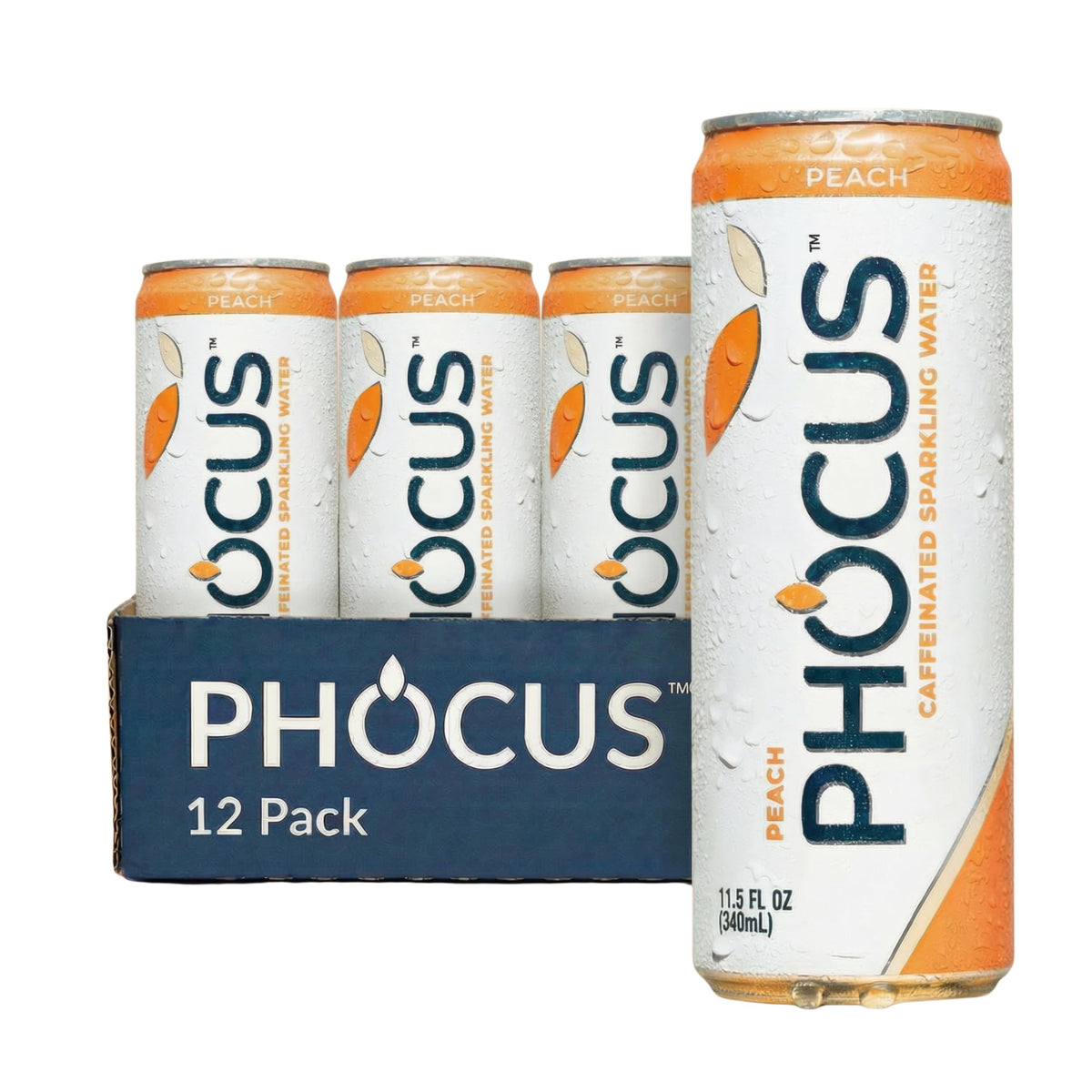 CLEAR CUT PHOCUS Peach Sparkling Water — 75mg Caffeine + L-Theanine, Zero Sugar, 12-Pack