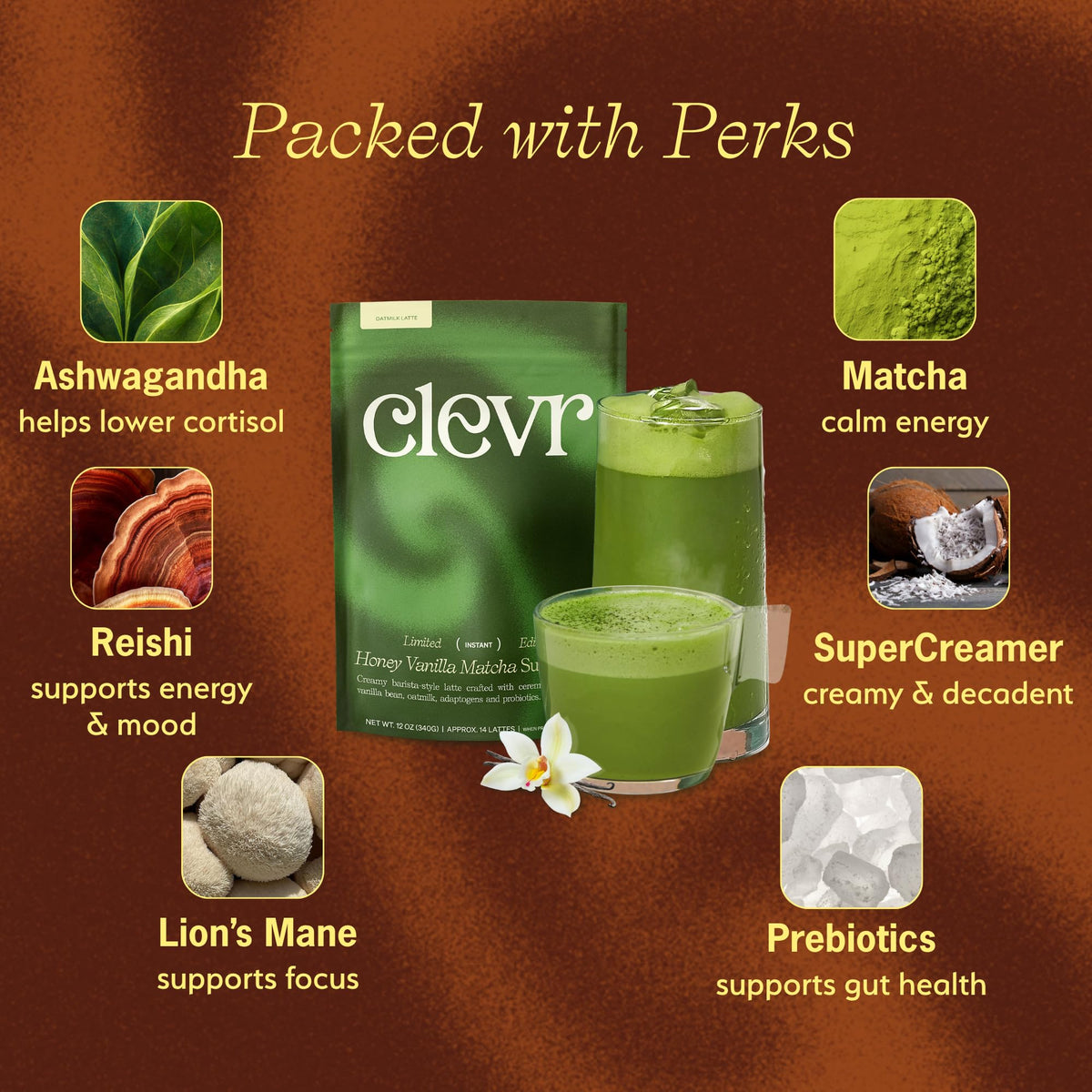 Clevr Honey Vanilla Matcha SuperLatte – Ceremonial-Grade Latte with Lion's Mane & Reishi