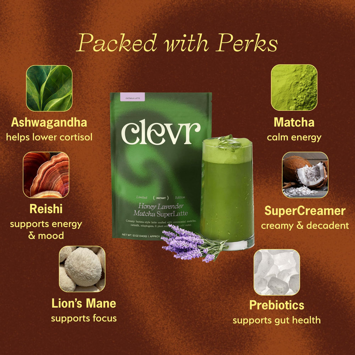 Clevr Honey Lavender Matcha SuperLatte – Ceremonial Grade Matcha with Adaptogens