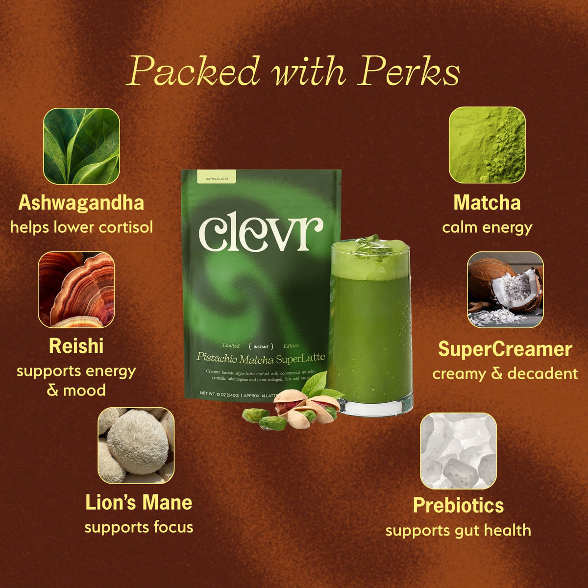 Clevr Pistachio Matcha SuperLatte – Organic Ceremonial Grade Instant Latte with Lions Mane & Reishi