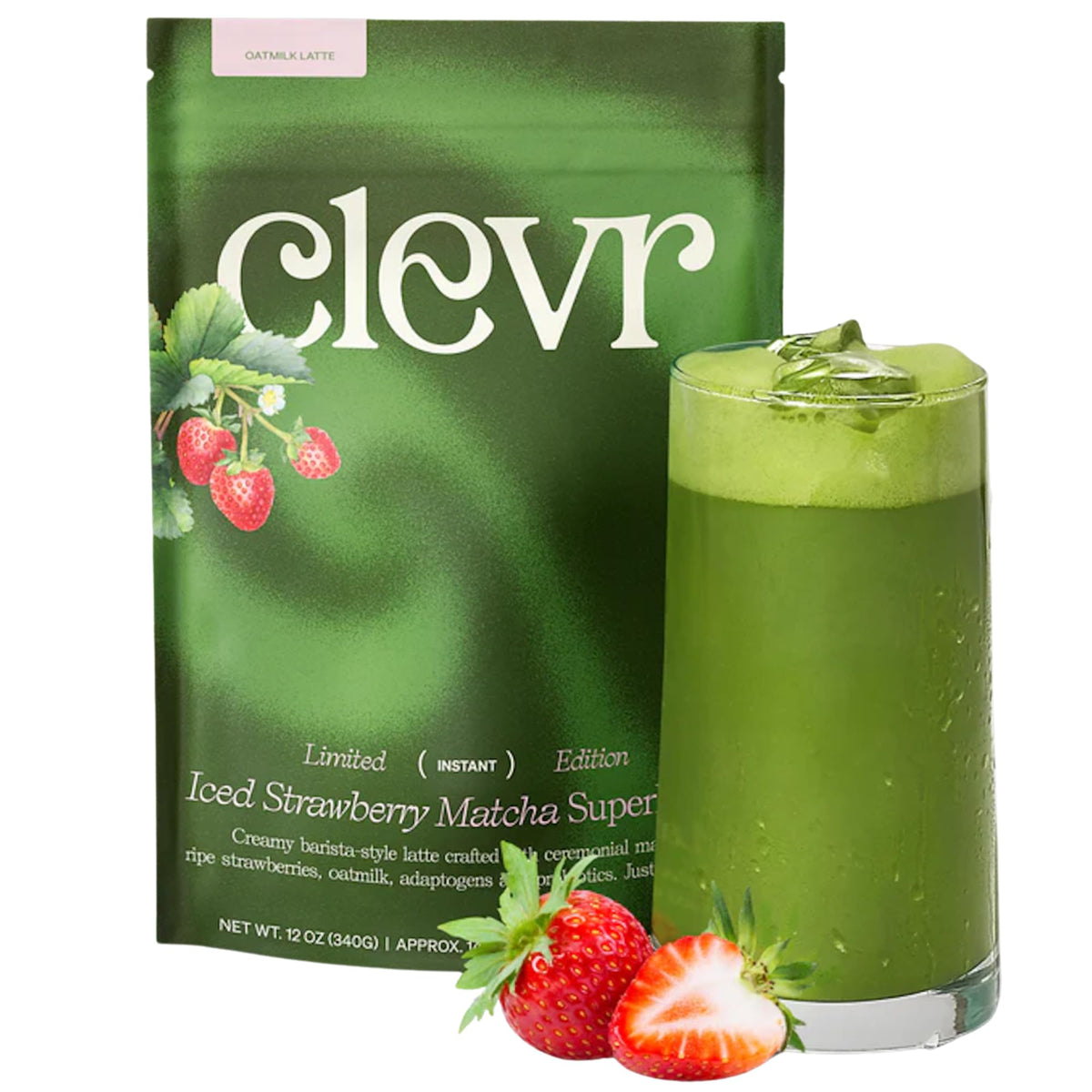 Clevr Strawberry Matcha SuperLatte – Organic Ceremonial Matcha Latte with L-Theanine, Skin & Energy Benefits, 14 Servings