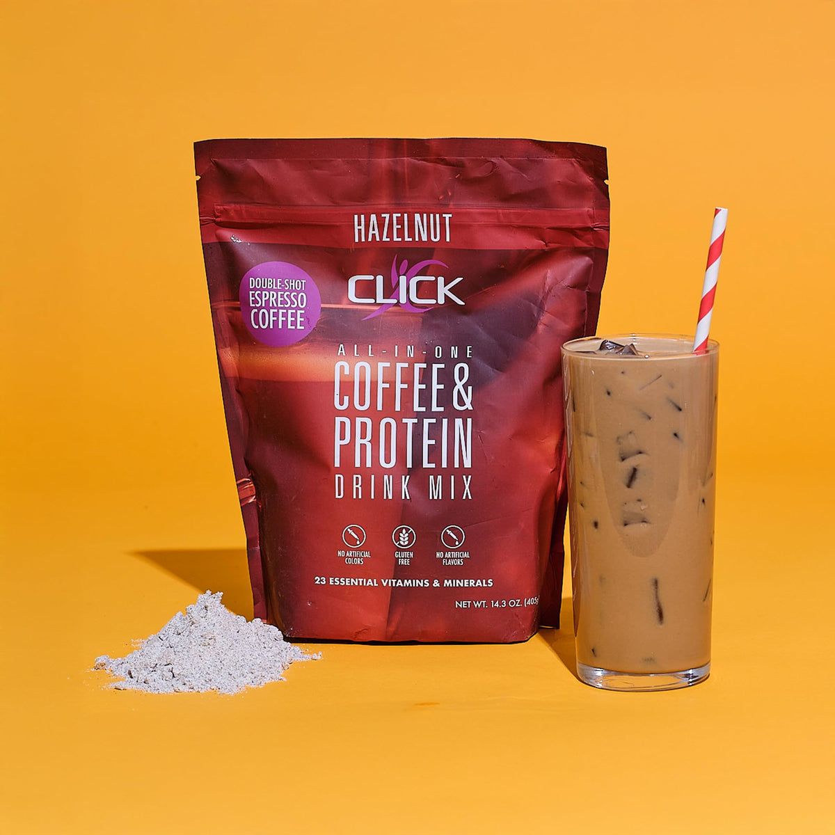 Click Coffee Protein Powder – Double Shot Espresso, 16g Protein, 23 Vitamins, Gluten Free, Hazelnut