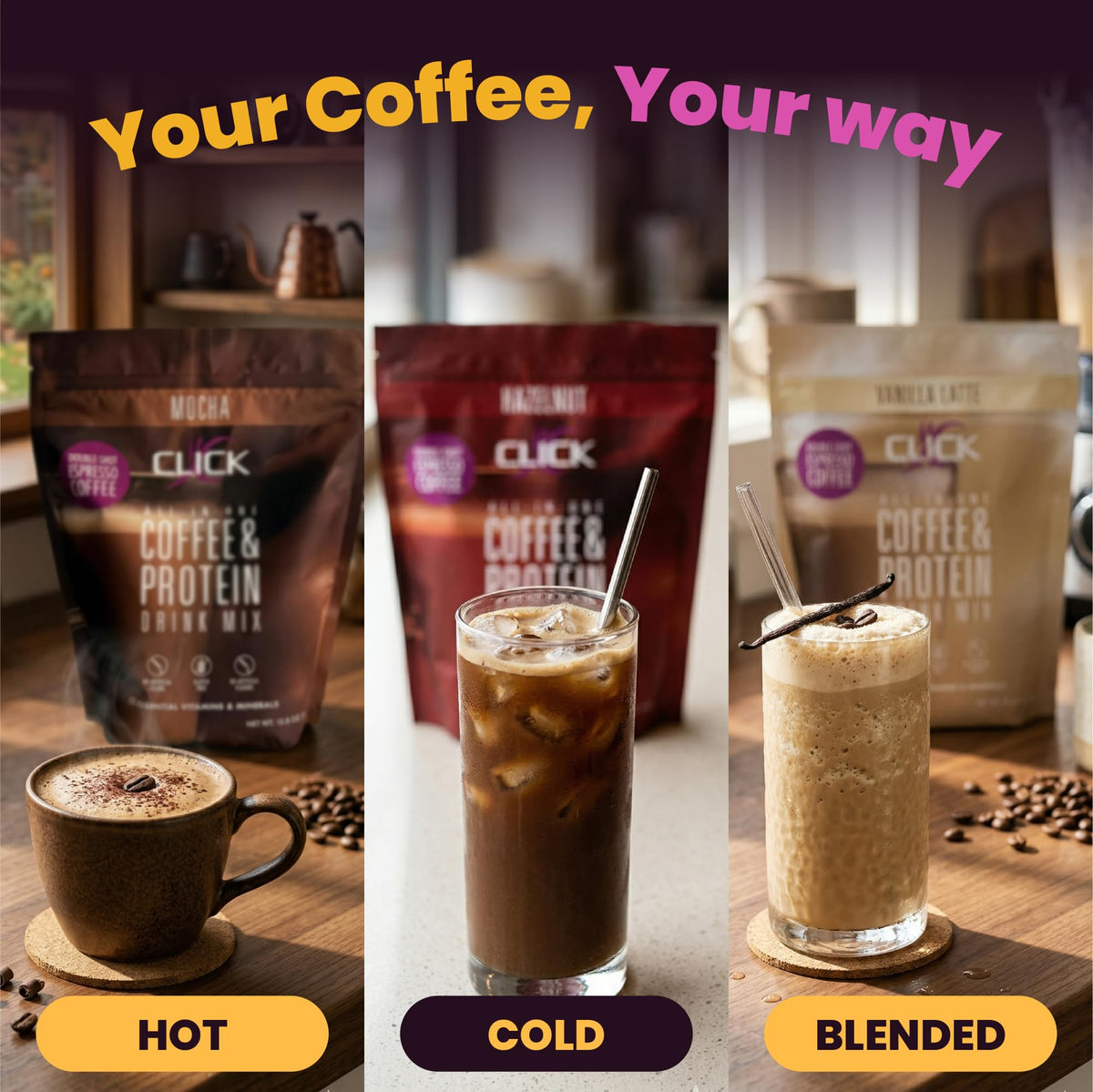 Click Coffee Protein Powder – Double Shot Espresso, 16g Protein, 23 Vitamins, Gluten Free, Hazelnut