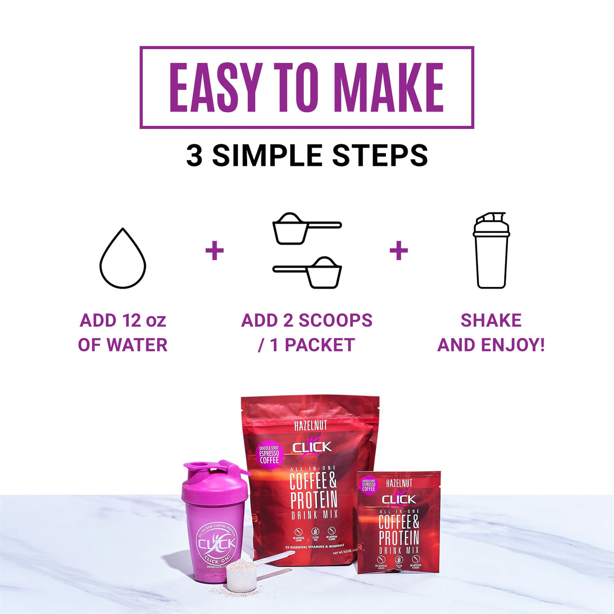 Click Coffee Protein Powder – Double Shot Espresso, 16g Protein, 23 Vitamins, Gluten Free, Hazelnut