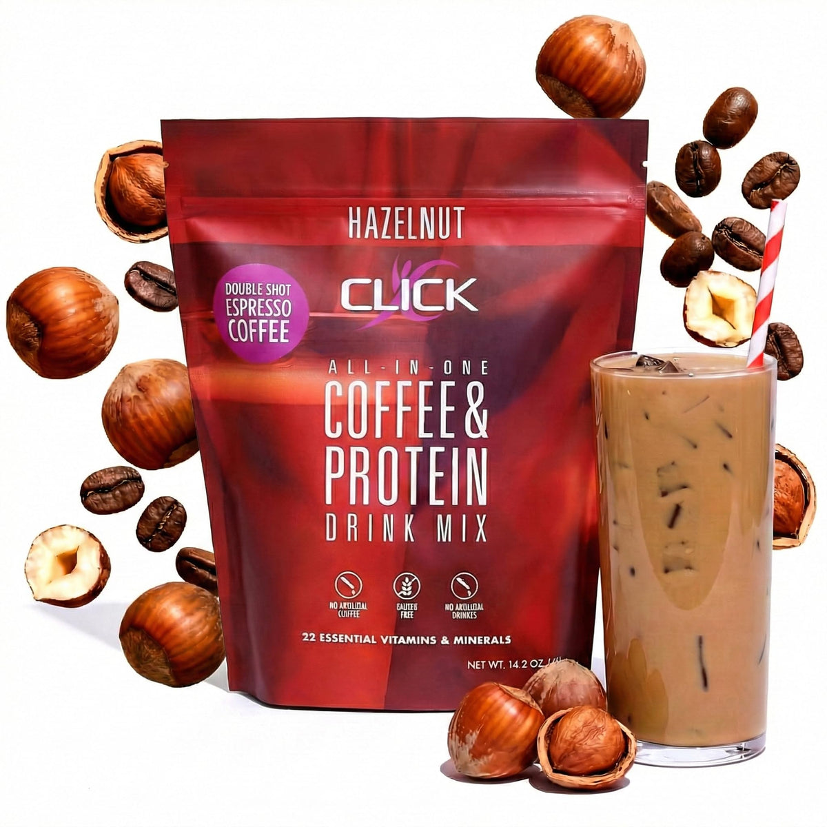Click Coffee Protein Powder – Double Shot Espresso, 16g Protein, 23 Vitamins, Gluten Free, Hazelnut