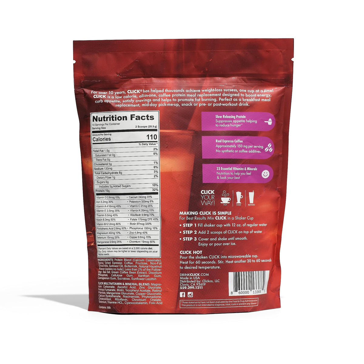 Click Coffee Protein Powder – Double Shot Espresso, 16g Protein, 23 Vitamins, Gluten Free, Hazelnut