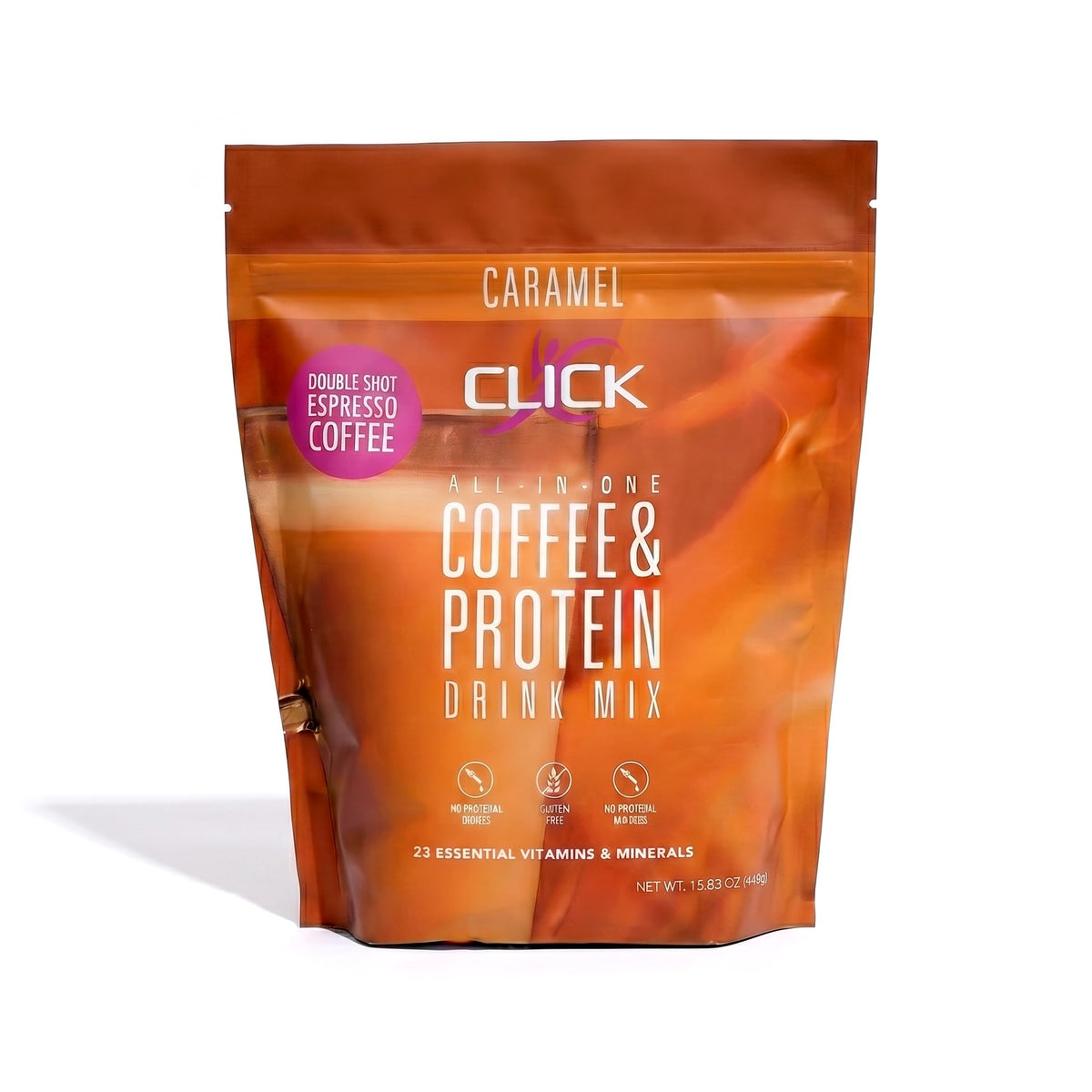 Click Coffee Protein Powder – Double Shot Espresso, 16g Protein, 150mg Caffeine, 23 Vitamins, Gluten Free, Caramel