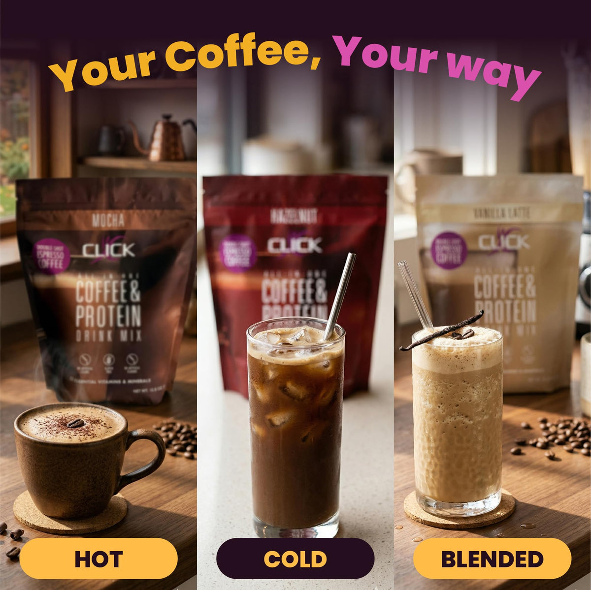 Click Coffee Protein Powder – Double Shot Espresso, 16g Protein, 150mg Caffeine, 23 Vitamins, Gluten Free, Caramel