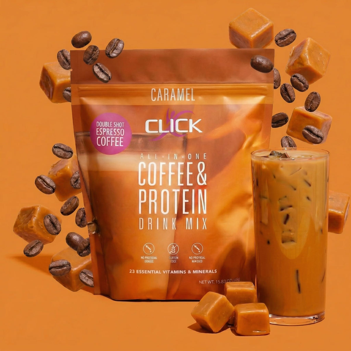 Click Coffee Protein Powder – Double Shot Espresso, 16g Protein, 150mg Caffeine, 23 Vitamins, Gluten Free, Caramel