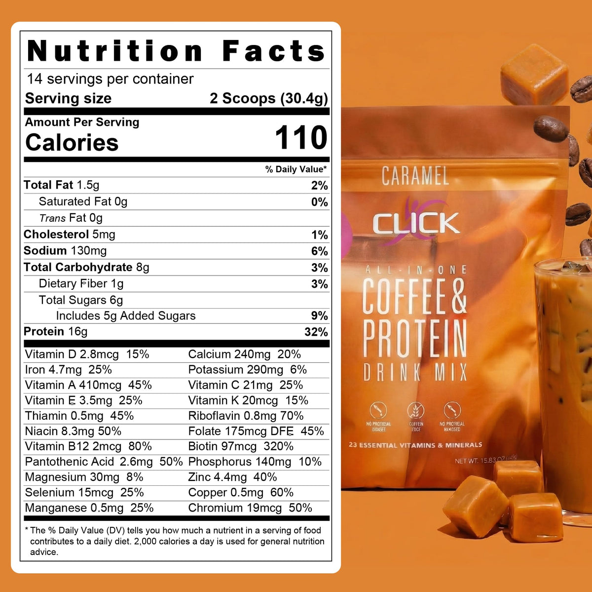 Click Coffee Protein Powder – Double Shot Espresso, 16g Protein, 150mg Caffeine, 23 Vitamins, Gluten Free, Caramel