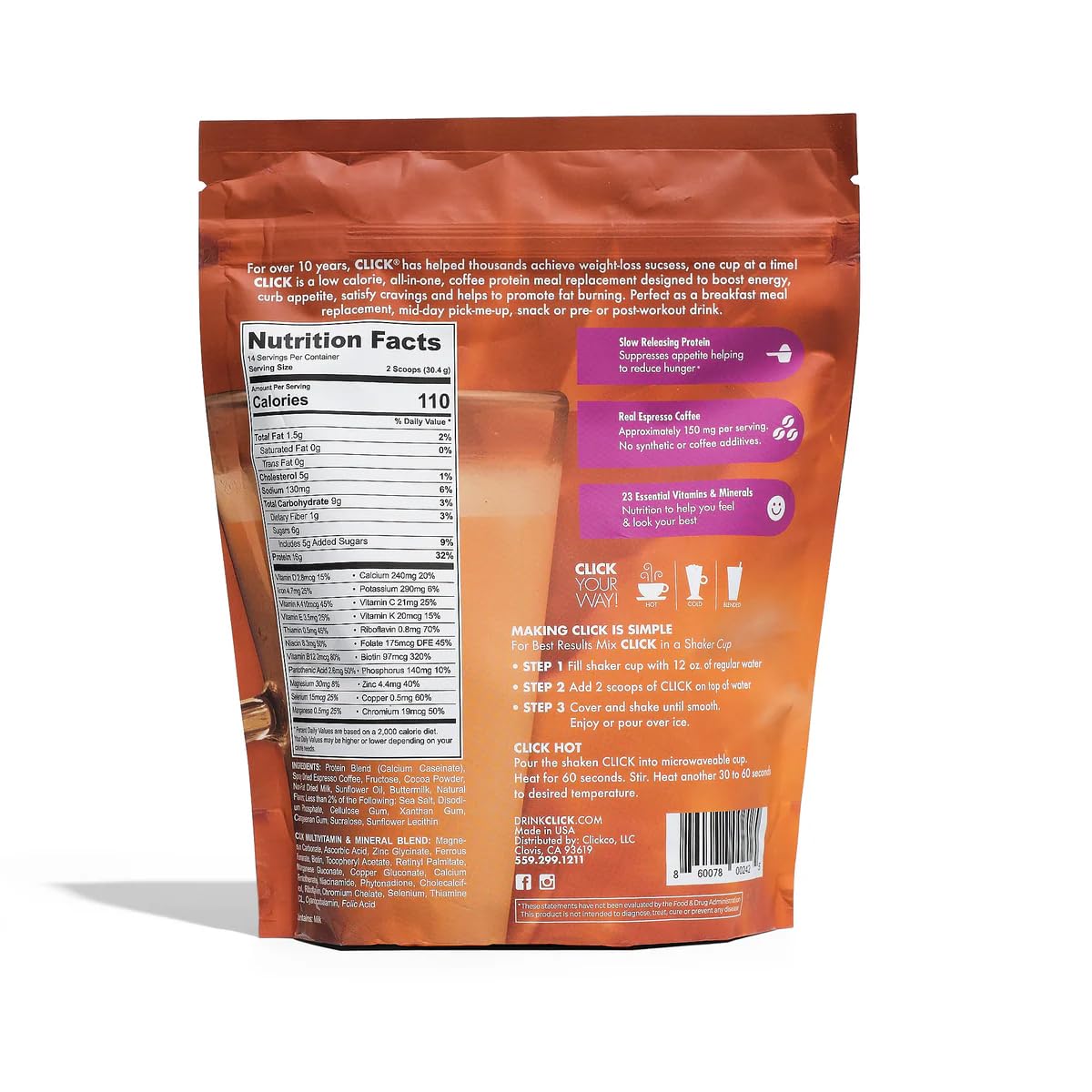 Click Coffee Protein Powder – Double Shot Espresso, 16g Protein, 150mg Caffeine, 23 Vitamins, Gluten Free, Caramel
