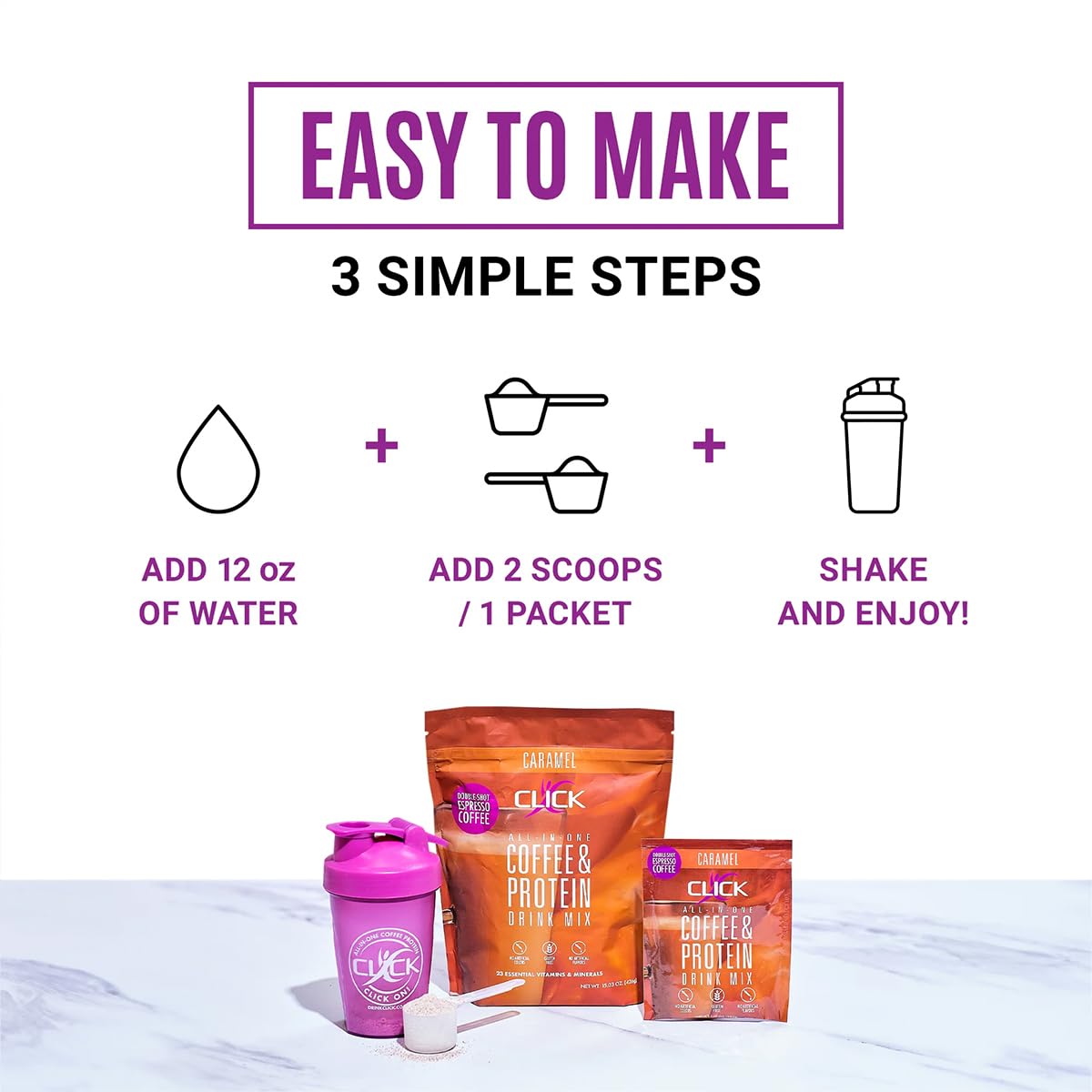 Click Coffee Protein Powder – Double Shot Espresso, 16g Protein, 150mg Caffeine, 23 Vitamins, Gluten Free, Caramel