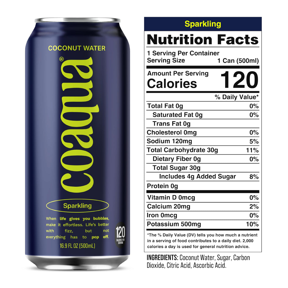 CoAqua Sparkling Coconut Water — 12 Pack, Natural Electrolytes for Hydration, Pure Coconut Water Not from Concentrate, Fat Free