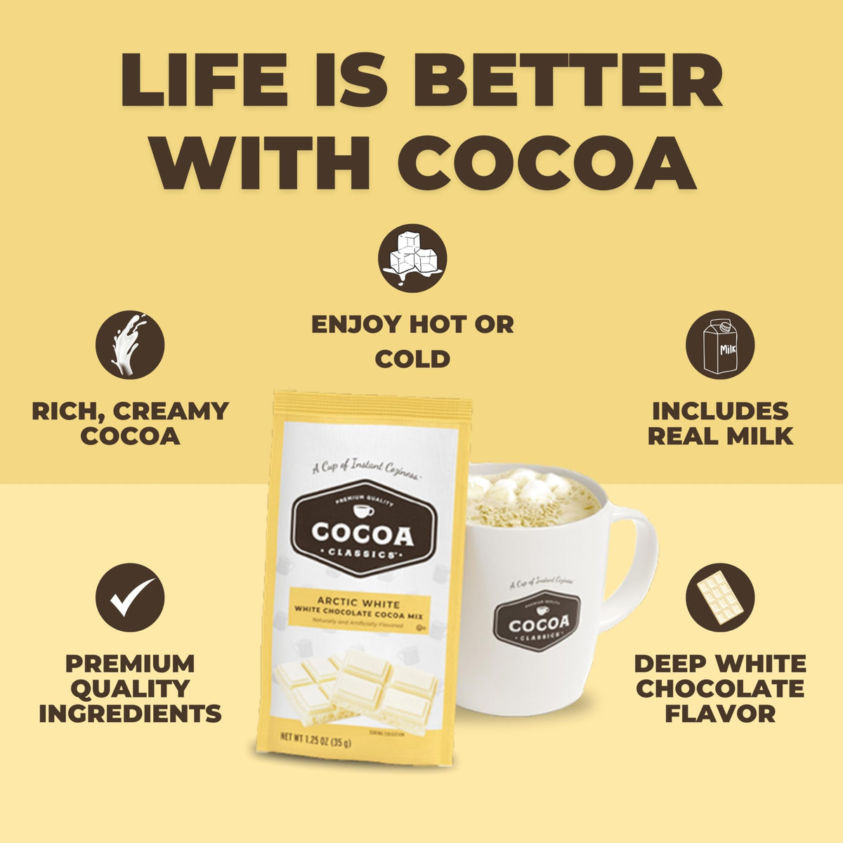 COCOA CLASSICS Arctic White Cocoa Mix – Gluten-Free Hot Chocolate, Just Add Hot Water (Pack of 36)