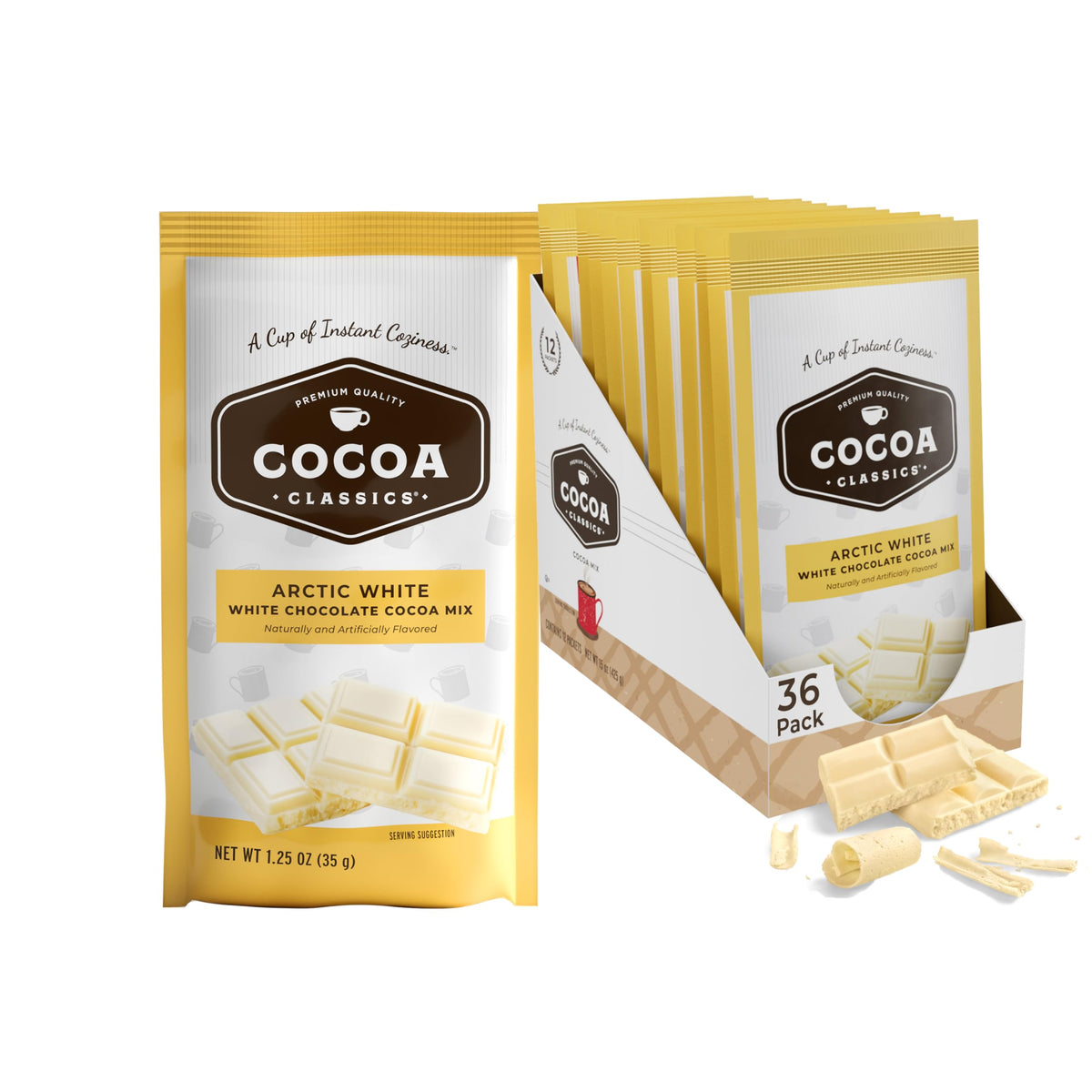 COCOA CLASSICS Arctic White Cocoa Mix – Gluten-Free Hot Chocolate, Just Add Hot Water (Pack of 36)
