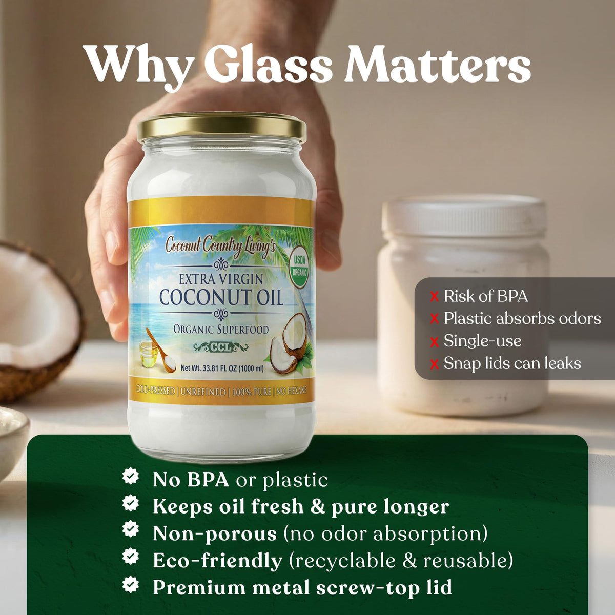 Coconut Country Living Extra Virgin Coconut Oil, Glass Jar – Cold Pressed & Unrefined, 33.81 oz