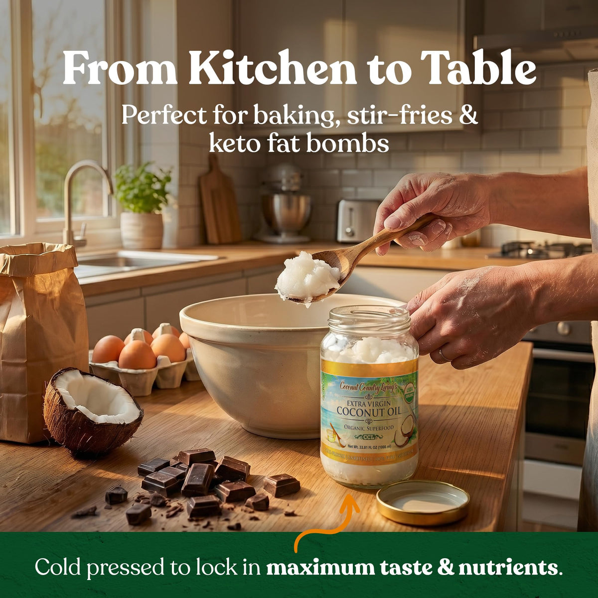 Coconut Country Living Extra Virgin Coconut Oil, Glass Jar – Cold Pressed & Unrefined, 33.81 oz