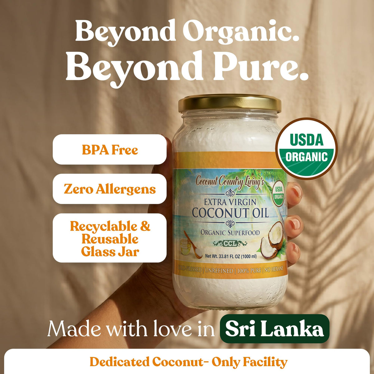 Coconut Country Living Extra Virgin Coconut Oil, Glass Jar – Cold Pressed & Unrefined, 33.81 oz