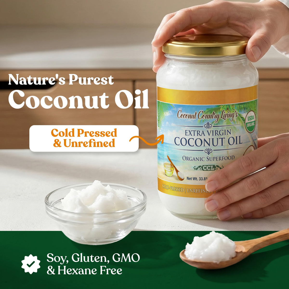 Coconut Country Living Extra Virgin Coconut Oil, Glass Jar – Cold Pressed & Unrefined, 33.81 oz