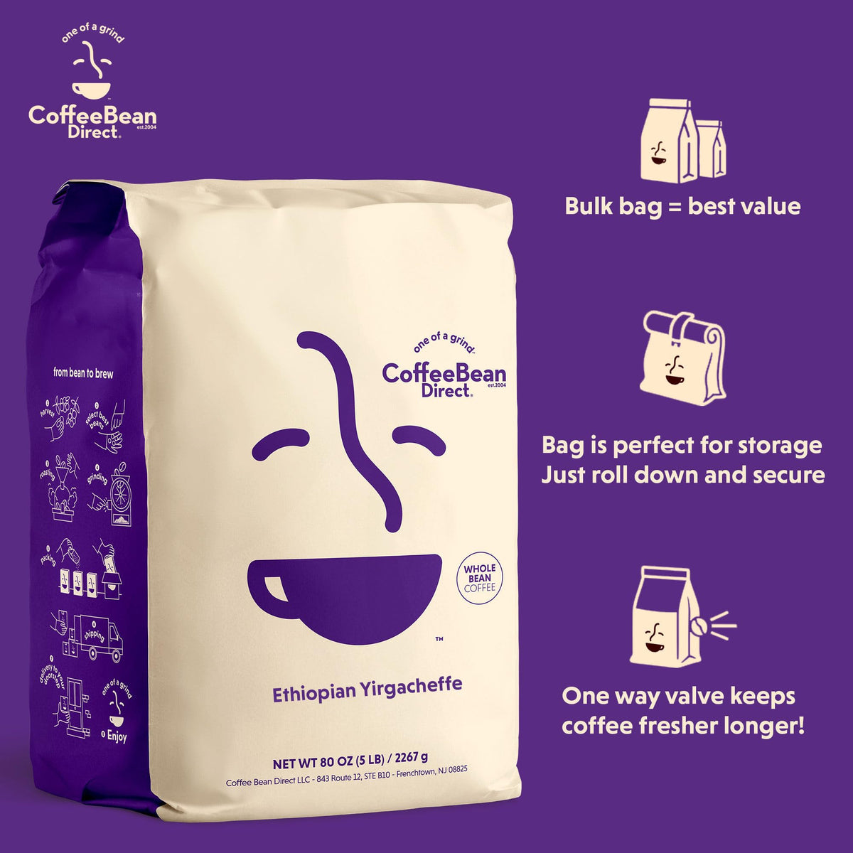 Coffee Bean Direct Ethiopian Yirgacheffe – Light Roast, Whole Bean, 5 lb