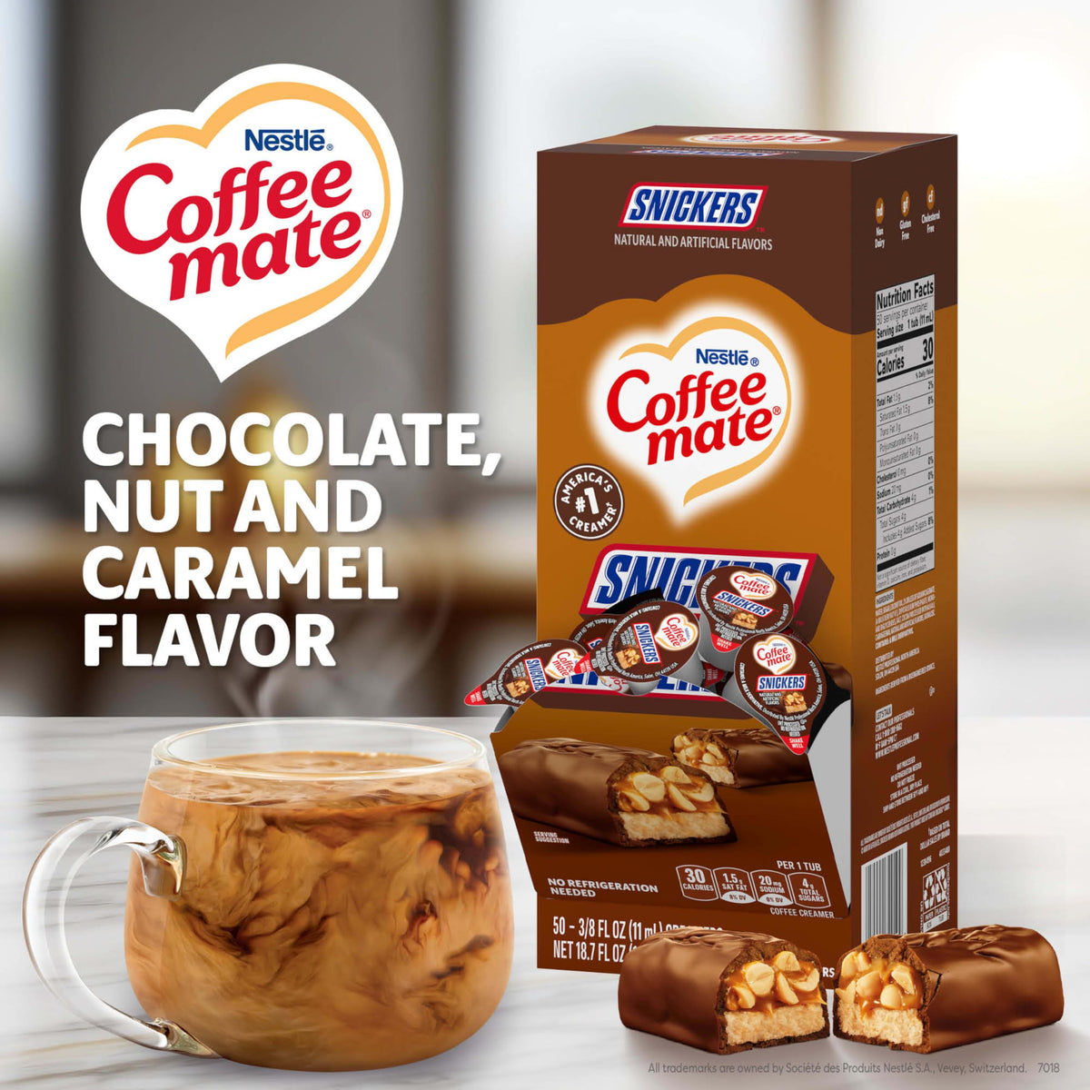 Coffee Mate Snickers Liquid Creamer Singles – Non-Dairy, Shelf-Stable, 200-Pack (0.375 fl oz Tub)