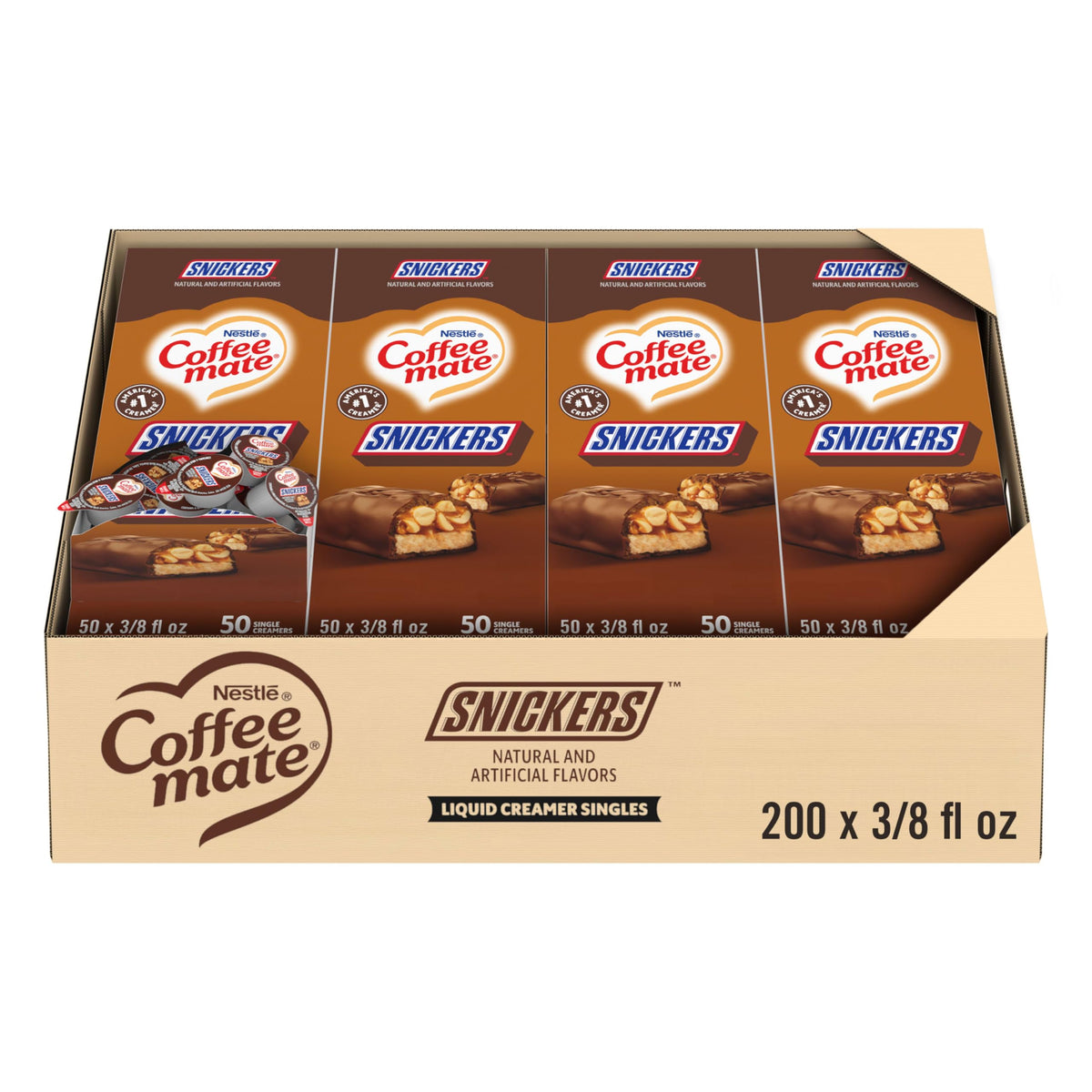 Coffee Mate Snickers Liquid Creamer Singles – Non-Dairy, Shelf-Stable, 200-Pack (0.375 fl oz Tub)