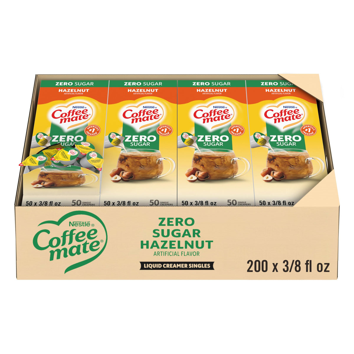 Coffee Mate Zero Sugar Hazelnut Liquid Creamer Singles – Non-Dairy, No Refrigeration, 0.375 fl oz Tub, Pack of 200