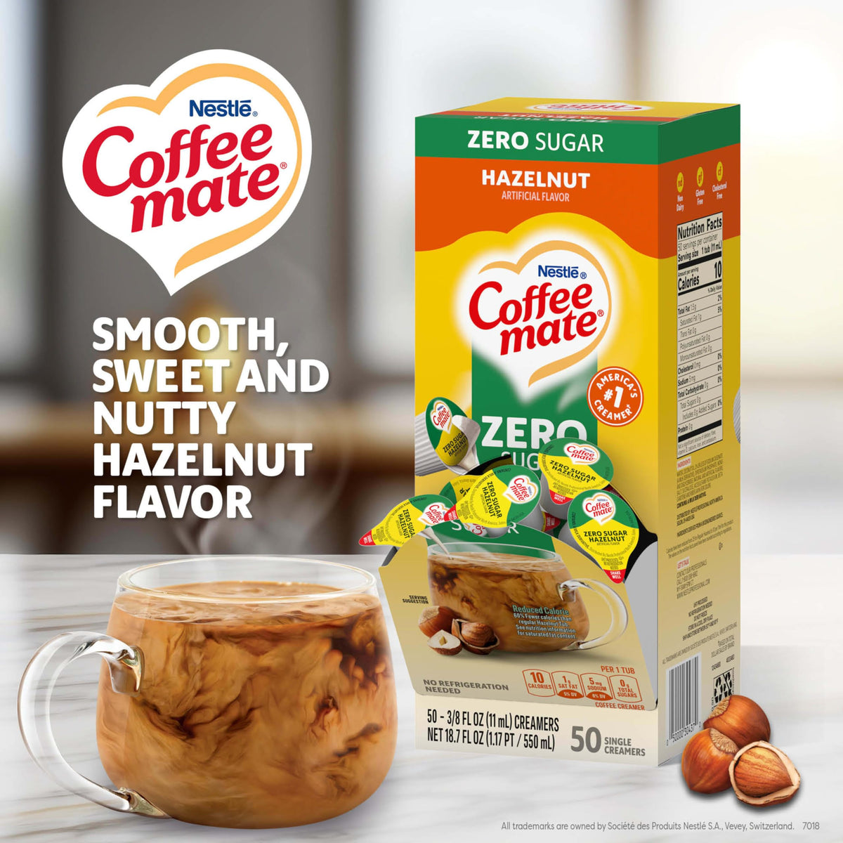 Coffee Mate Zero Sugar Hazelnut Liquid Creamer Singles – Non-Dairy, No Refrigeration, 0.375 fl oz Tub, Pack of 200