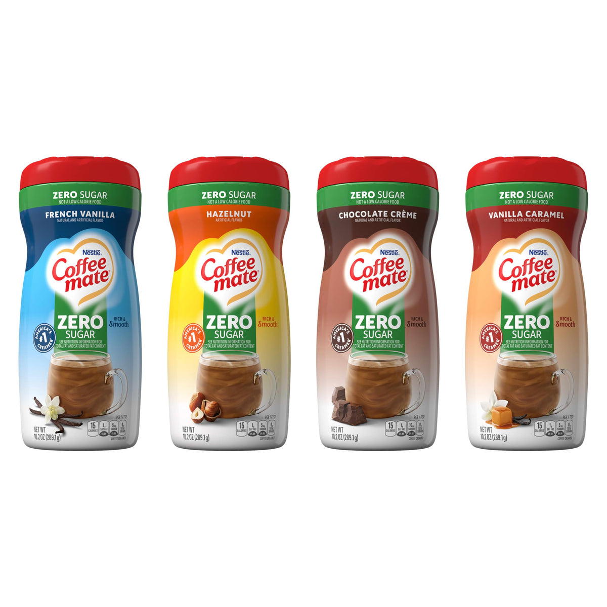 Coffee mate Zero Sugar Flavored Creamer 4 Pack – Vanilla Caramel, Hazelnut, French Vanilla, Chocolate Creme (10.2 oz bottles)