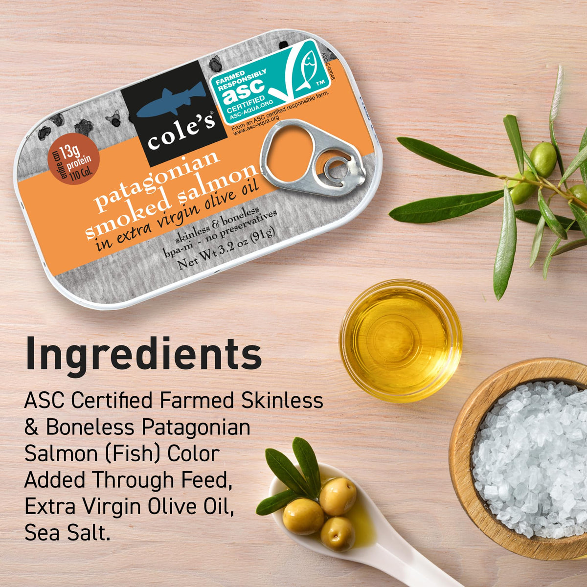 Cole's Seafood – Hand Packed Smoked Salmon in Extra Virgin Olive Oil, Preservative Free, 3.2 oz Can (Pack of 10)