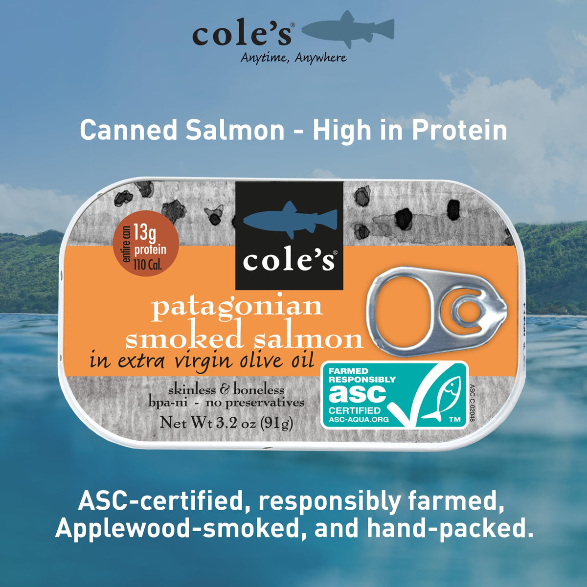 Cole's Seafood: Hand Packed Smoked Salmon in Olive Oil — Preservative Free, High Protein, 3.2 oz Can (Pack of 5)