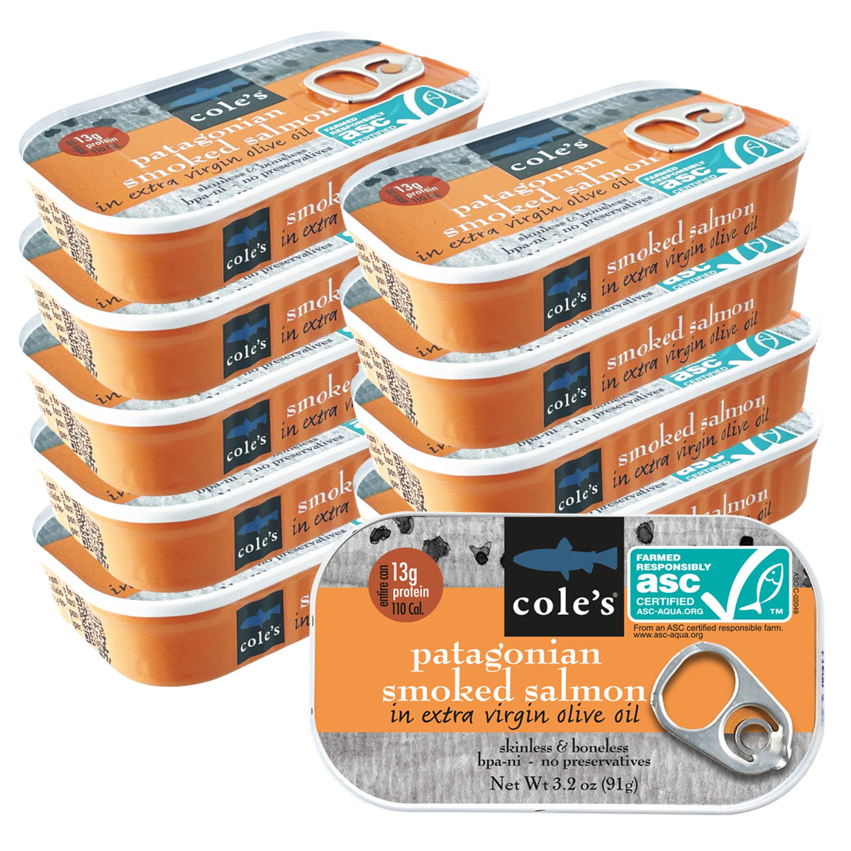 Cole's Seafood – Hand Packed Smoked Salmon in Extra Virgin Olive Oil, Preservative Free, 3.2 oz Can (Pack of 10)