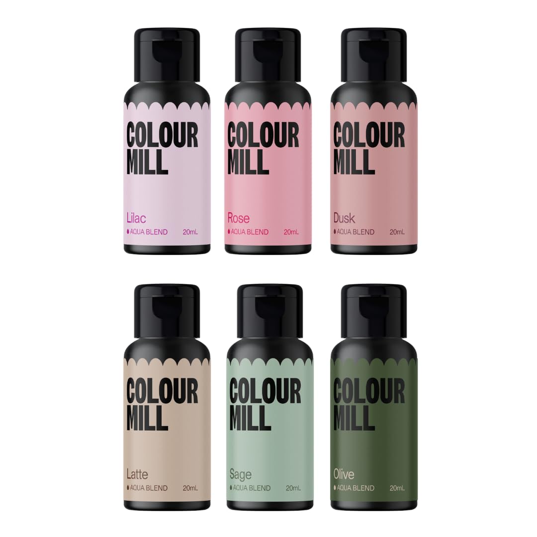 Colour Mill Botanical Pack Aqua Blend: Water-Based Food Coloring Set (Dusk, Latte, Lilac, Olive, Rose & Sage) – 6 x 20ml