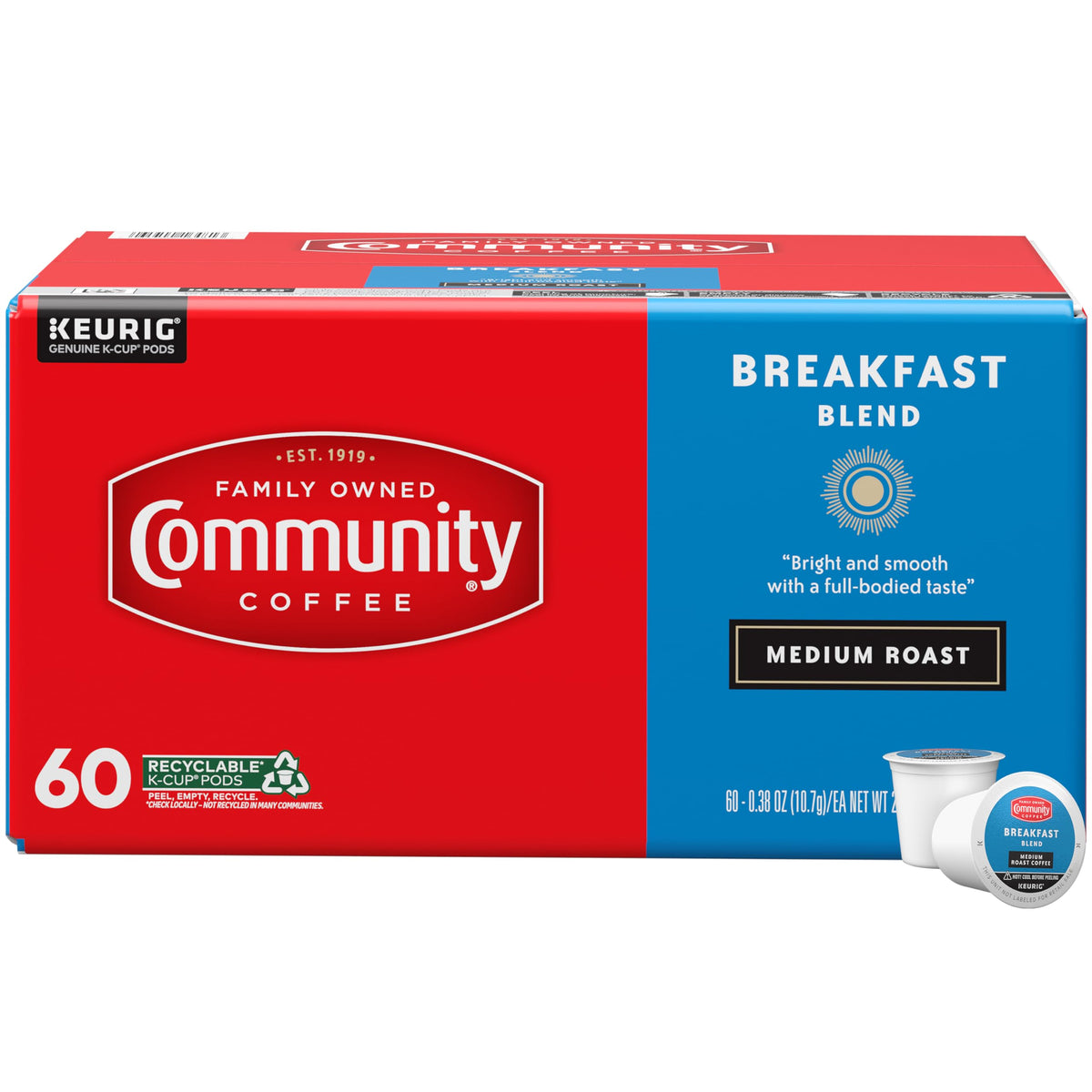 Community Coffee Breakfast Blend Pods – 60-Count K-Cup Compatible Medium Roast