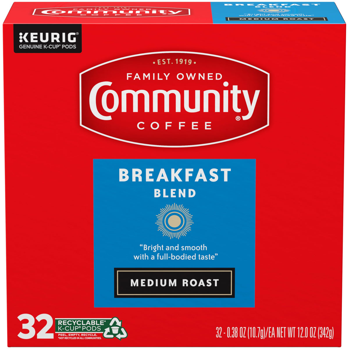 Community Coffee Breakfast Blend Medium Roast K-Cup Pods – 32 Count Box