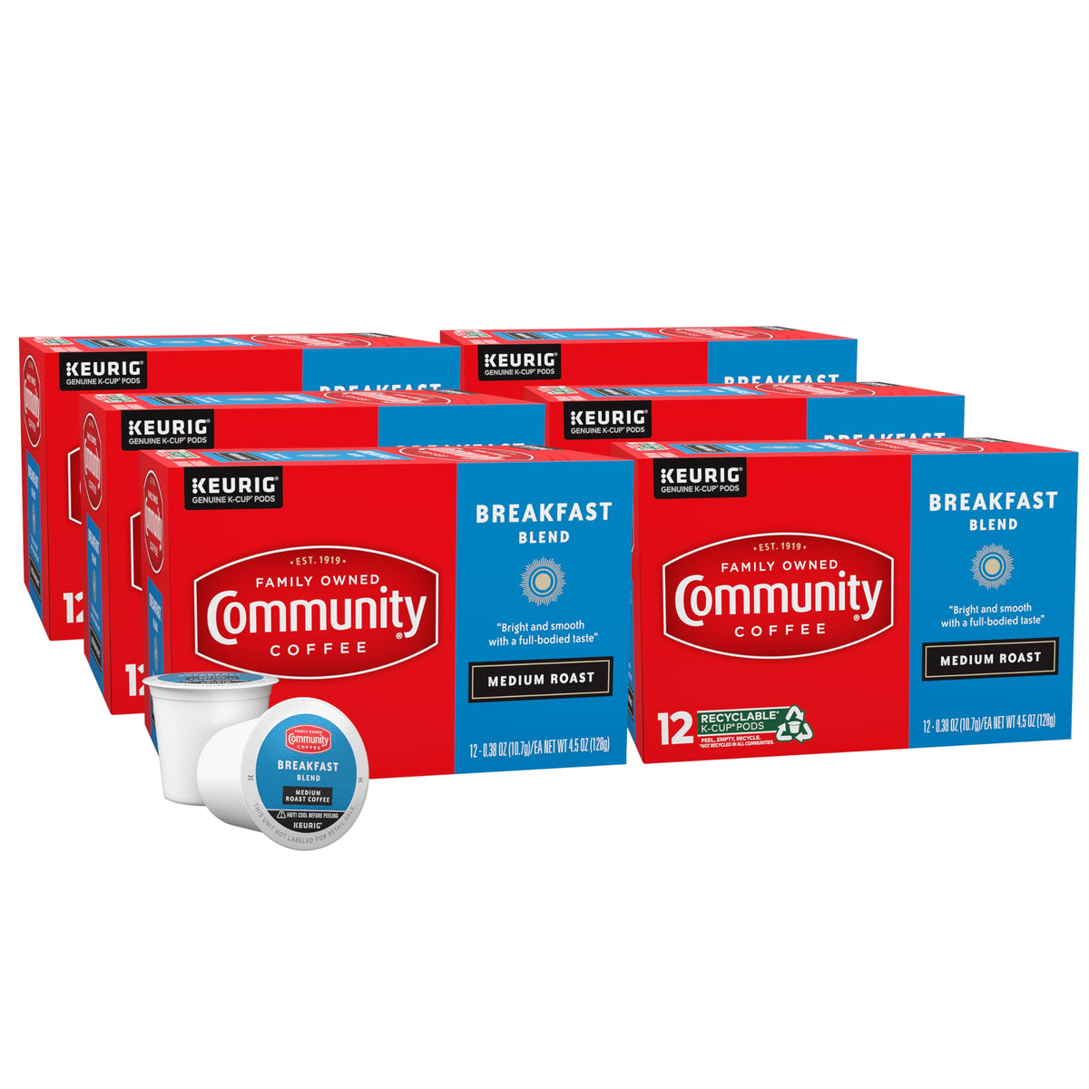 Community Coffee Breakfast Blend Pods – 72 Count, Medium Roast, Keurig 2.0 Compatible (Pack of 6)