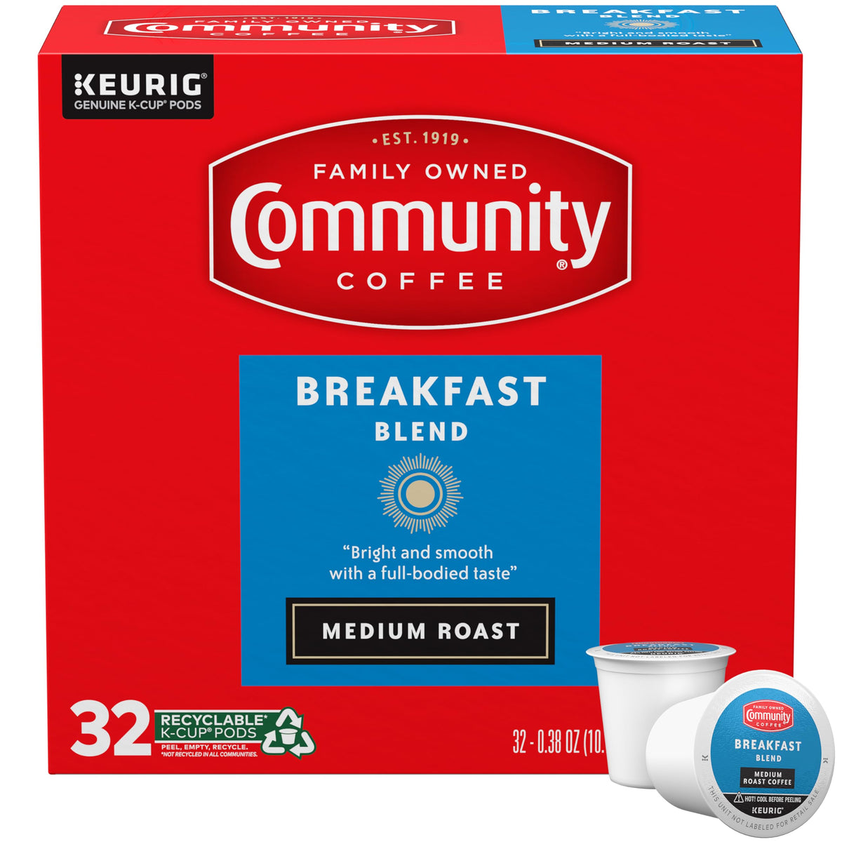 Community Coffee Breakfast Blend Medium Roast K-Cup Pods – 32 Count Box